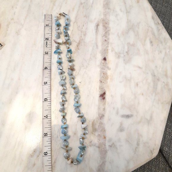 Light Blue Shell and Stone Necklace/ Coral coloured Shell Stretch Bracelet - Picture 11 of 14